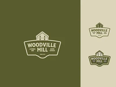 Woodville Mill Logo barn branding green home goods logo lumber mill muted red retro logo