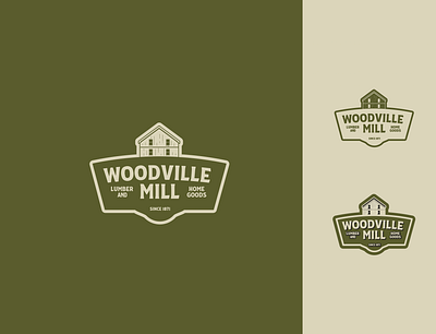 Woodville Mill Logo barn branding green home goods logo lumber mill muted red retro logo