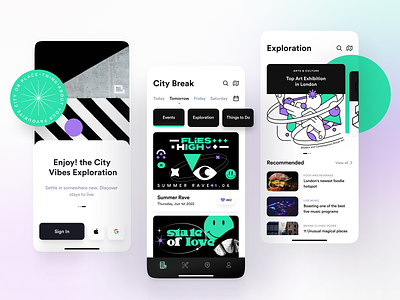 The City Vibes Exploration 👾 app art city clean color design events exhibition food fresh illustration ios mobile ui urban ux