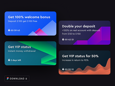 Universal Banners banner bonus dark deposit download figma freebie gradient mockup offer percent product design status timer vip web welcome