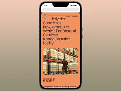 Biomanufacturing Mobile News app design bacterial biomanufacturing cellulose clena layout eco friendly editorial factory worker innovative interface design mobile app news news page no trash orange mode sustainability ui ui design user experience uxui