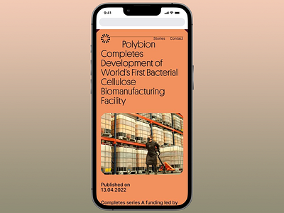 Biomanufacturing Mobile News app design bacterial biomanufacturing cellulose clena layout eco friendly editorial factory worker innovative interface design mobile app news news page no trash orange mode sustainability ui ui design user experience uxui