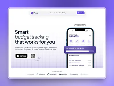 Mobile App Landing Page Exploration ai app application background budget finance framer glass hero ios landing mockup peso purple smart template tracking ui web design website