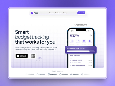 Mobile App Landing Page Exploration ai app application background budget finance framer glass hero ios landing mockup peso purple smart template tracking ui web design website