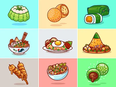 Indonesia Traditional Food🍛🍢🍜 branding cake chicken noodle culinary doodle flat food fried rice icon illustration indonesian food klepon kue putu lemper logo onde onde restaurant satai traditional tumpeng