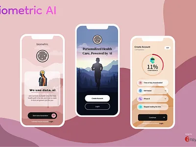 The mobile app named "Biometric AI" designed by Ansysoft adobephotoshop aifitness aihealthapp aipoweredhealth digitalwellness healthjourney healthplan healthtech healthyaging intuitivetracking mobileapp mobilehealth personalizedfitness personalizedwellness smartguidance tailoredhealthplans techforhealth trackyourprogress wellbeingapp wellnessgoals