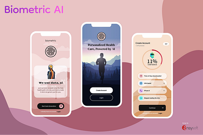 The mobile app named "Biometric AI" designed by Ansysoft adobephotoshop aifitness aihealthapp aipoweredhealth digitalwellness healthjourney healthplan healthtech healthyaging intuitivetracking mobileapp mobilehealth personalizedfitness personalizedwellness smartguidance tailoredhealthplans techforhealth trackyourprogress wellbeingapp wellnessgoals