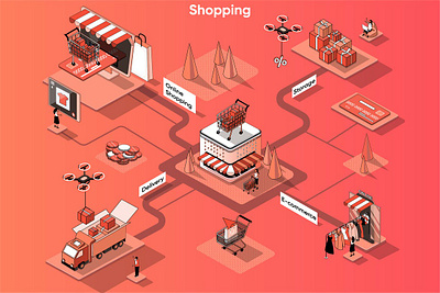 Shopping and E-commerce 3D Isometric Web Banner 3d animation 3d art 3d character 3d illustration agency app concept conceptual flat illustration isometric isometric design landing landing page page process strategy technology vector web