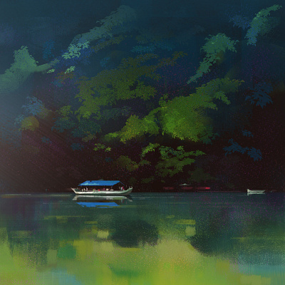 Riverboat environment forest illustration japan river riverboat riverside travel