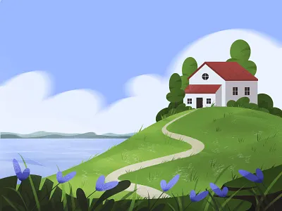 Seaside view 2d 3d animation art design flat flowers graphic design house illustration illustrator landscape logo minimal motion graphics nature sea seaside ui vector