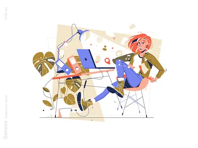 Internet flow illustration character computer excited fall flat girl illustration internet kit8 lamp laptop mind blowing table vector woman workplace workspace