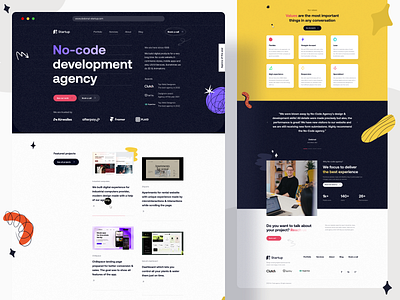 Development Agency - landing page about agency awards browser company cta digital flat footer hero homepage illustrations landing logo menu no code saas scribbbles services values