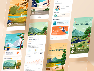 Hiking app with custom illustrations 🏔 chart clean dashboard design details hike hiking home illustration interface ios landing logo mobile mounts phone profile ui vacation website