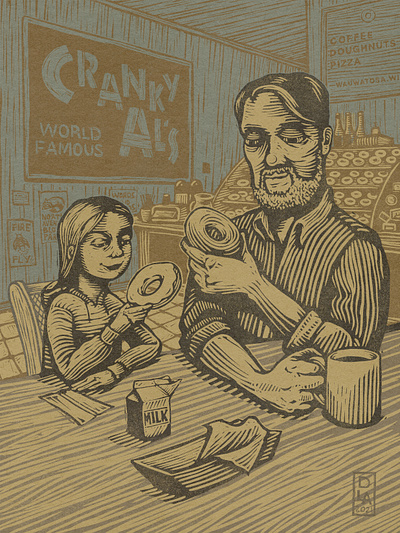 Crankys bakery coffee coffee shop donut illustration linoleum portrait woodcut