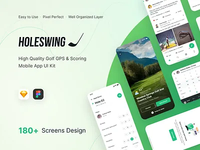 Holeswing UI Kit - Full Preview chat golf golf course golf match golf range golf track light mode match mobile app profile round social profile sports app ui ui kit ux