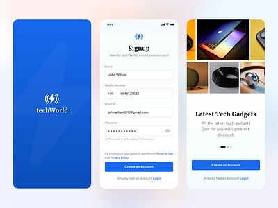 techworld adobe xd app daily ui dailyui design gadgets ios app login mobile app mobile app design mobile design mobile ui onboarding signup splash tech techno technology ui design walkthrough