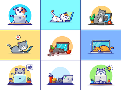 Cat laptop🐱🐈💻 animal busy cat cat computer cute fast food grey cat icon illustration laptop logo orange cat sleepy cat working working animal workspace zoo