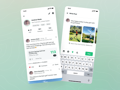 Holeswing - Profile and Post (Light Mode) android app golf golf range green home home dashboard ios light mode minimal mobile mobile app post profile social profile sports app status ui ui kit ux