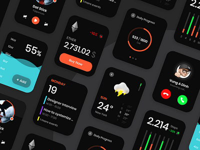 Watch UI 3d calendar chart coin crypto dark ui design dynamic flat health music player orange progress reminder ui uidesign videocall watch water weather