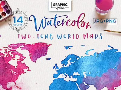 Watercolor Maps - TWO-TONE PACK adobe art background colors design elements illustrator indesign maps pack photoshop picture poster sketch textures transparent two tone wall watercolor world