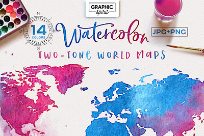 Watercolor Maps - TWO-TONE PACK adobe art background colors design elements illustrator indesign maps pack photoshop picture poster sketch textures transparent two tone wall watercolor world