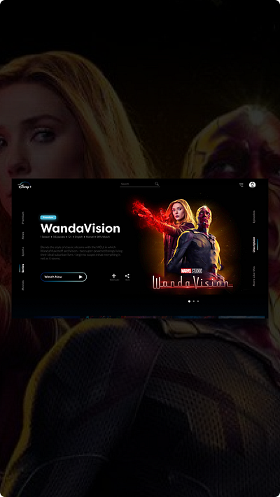 Disney+ Redesign Concept- UI UX Design adobe photoshop adobe xd adobexd app design branding daily 100 challenge disney illustration logo minimal redesign ui uiux wandavision