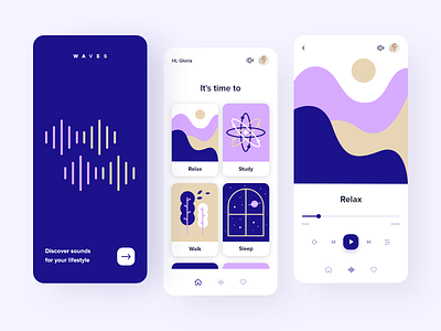 Waves - mobile app app app design color focus illustraion lifestyle lifestyle illustration mobile mobile app mobile app design mobile ui modern player ui relax simple clean interface sound design ui uidesign userinterface uxui