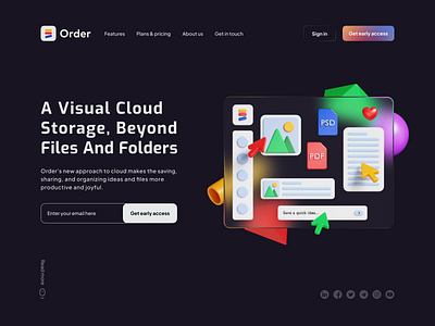 Order HQ Landing Hero 3d 3dart b3d blender cloud cta cycles dark dashboad document early access file glass glassmorphism heart hero illustration landing panel ui