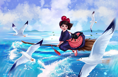 kikis delivery service anime artist artwork blackcat cartoon cat kiki kikisdeliveryservice magic sea seagulls witch witch on a broom 宮崎 駿 魔女の宅急便