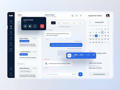 Medvidi – Online Healthcare Clinic admin app calendar call chat clean crm dashboard desktop app interface messenger product schedule sidebar task manager tasks ui ux voice web app