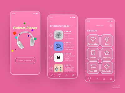 Daily UI #69: Trending bottom bar bottom navigation cards ui categories colorful cta button dailyui dailyuichallenge day 69 headphones leaderboard list mobile mobile app design modern pink gradient podcast app rating typography web design