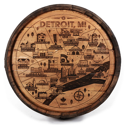 Engraved Detroit Map barrel bourbon city detroit illlustration laser engrave map motor wood