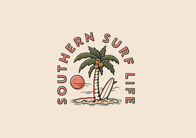 Southern surf life branding desert island hand drawn illustration logo longboard palm tree palms retro surf surfing vintage
