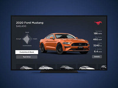 Steely Wheels - tvOS App car concept designathon ecommerce elegant figma game gradient minimal modern mustang remote speedometer tv app tvos ui vehicle