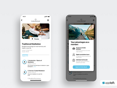 Mental & Body Retreat – Mobile App Design alert animation app app design booking buddhism exercise health meditation mobile design player playlist podcast retreat stream ui video yoga