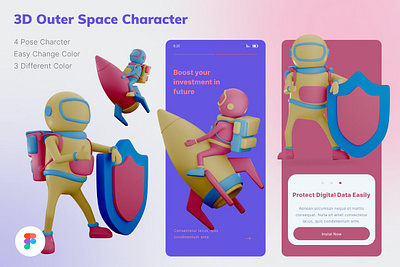 Shield Rocket Character Illustration 3D 3d 3d animation 3d art 3d character 3d characters 3d illustration 3d planet 3d space astronaut astronaut illustration conceptual flat illustration page planet space space character space characters vector web