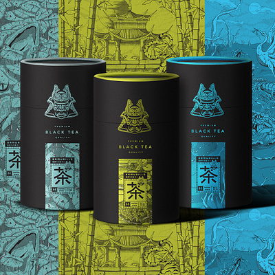 Samurillo Black Tea Illustration Art & Package Design anime art black cylinder elegant illustration japan japanese line package design packages samurai style tea traditional