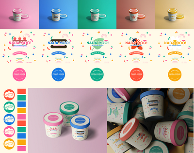 Nada Mood Redesign Concept colorful concept concept art concept design figma icecream label packaging labels logos mockups nada moo rainbow rebrand rebranding retro vegan