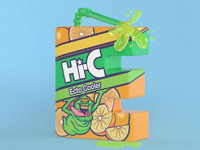 E is for Ecto Cooler 36daysoftype 3d 3d illustration 3d type 90s beverage c4d cinema 4d ectocooler hi c juice juicebox kids illustration lettering nostalgia retro slimer typography