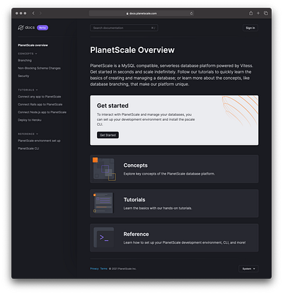 PlanetScale Documentation Overview Screen documentation web