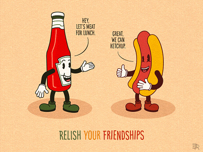 Relish Your Friendships_BRD_5-27-21 1930s cartoon characters cartoons friends hot dog illustration inkblot ketchup procreate art procreate brushes puns relish retro rubber hose vintage