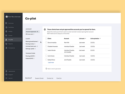 Betterment for Advisors Co-Pilot bulk select data product ui ux