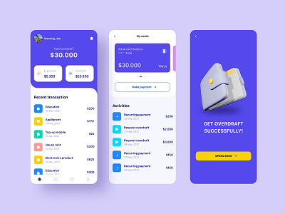 Mobile app: Credit overdraft app fintech flatdesign ui design