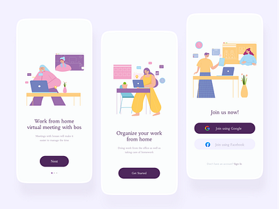 Work From Home app button card client design figma get started illustration illustration wfh join us meeting mobile mobile app next slide ui uidesign uiux wfh work from home