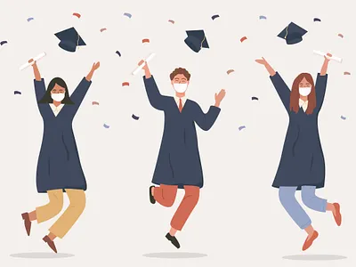 Graduation celebration characters diversity face flat gown graduation graduation cap illustration mask pandemic people pupil school university vector