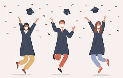 Graduation celebration characters diversity face flat gown graduation graduation cap illustration mask pandemic people pupil school university vector