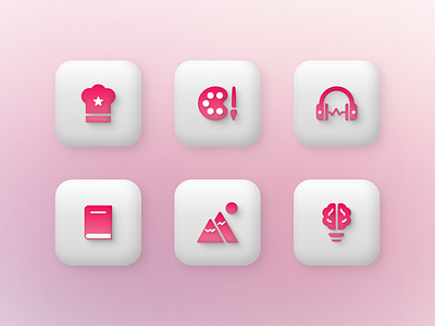 Volumetric Icons 3d branding cooking icon creativity icon gradient icon graphicdesign illustration mountain icon music icon painting icon pink reading icon ui user interface vector web