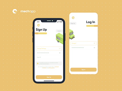 MechApp - Login, Sign Up and Authentication authentication design login login page mechanic mobile mobile app design mobile ui signup