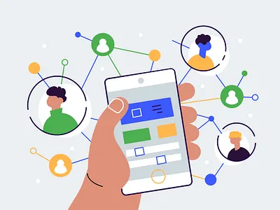 Social network illustration abstract avatar business character characters chat chatting community design flat illustration internet media net people phone social team technology vector