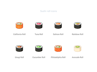 Sushi roll icons set california cartton cucumber customicos food icondesigner icons iconsdesign illustration japanese art japanese food roll salmon set simple sketch stylized sushi sushi roll takuni